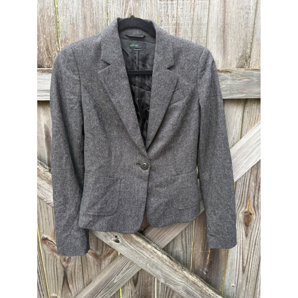 Stile Benetton Wool Silk Blazer Gray Herringbone Peplum‎ Back Jacket Size 38 IT